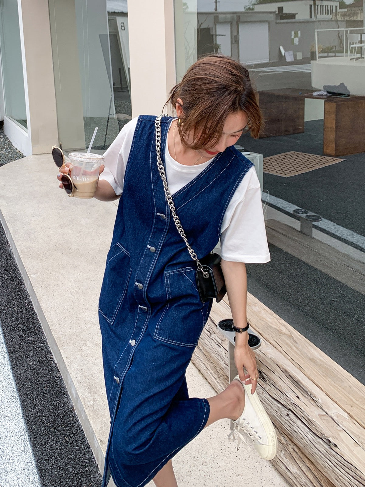 denim suspenders dress Washed Denim Dress with Suspenders