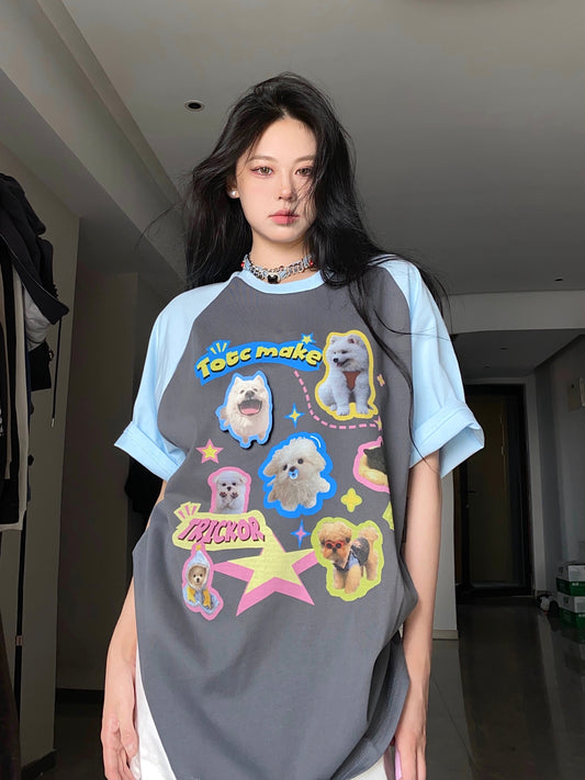 BabyStudios American raglan sleeve t-shirt men and women loose round neck short-sleeved puppy Velcro print half-sleeved summer