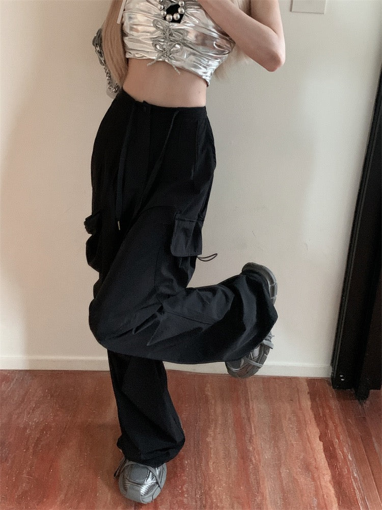 American retro functional wind tooling casual pants women's summer elastic waist drawstring high waist loose wide-leg pants trousers