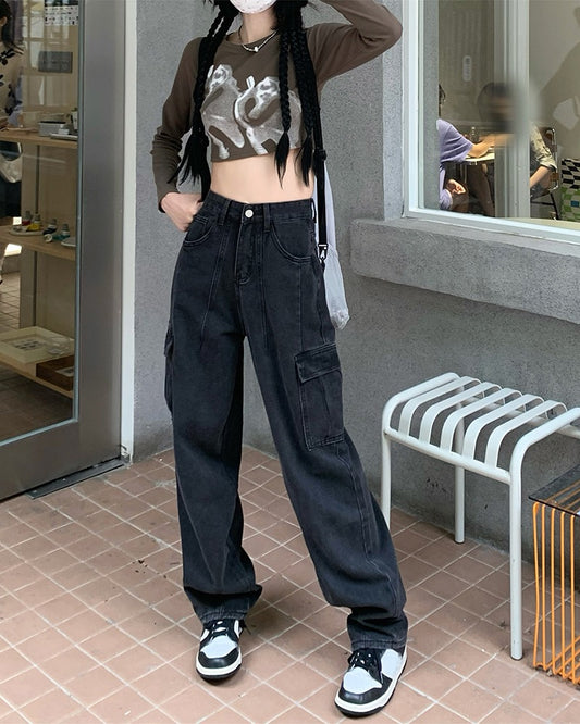 Japanese blue high-waisted jeans overalls slim trousers women's summer wide-leg pants mopping pants loose pants trendy