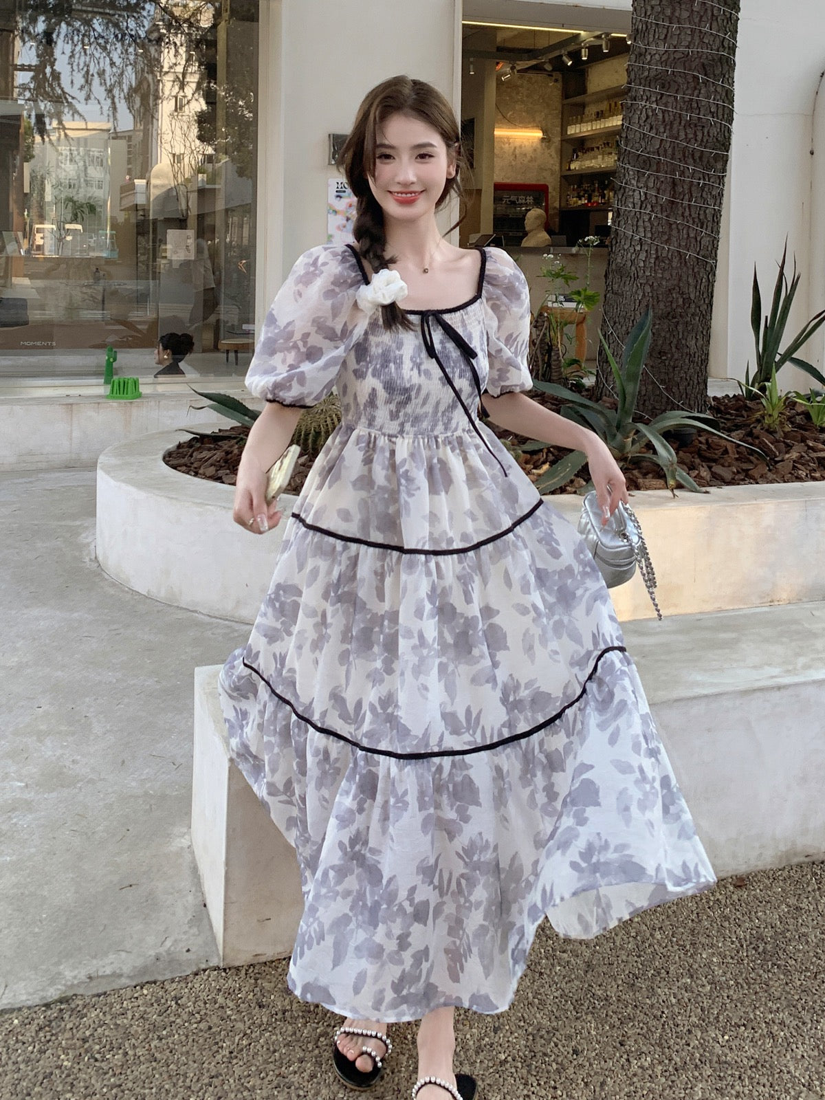 French one-shoulder floral dress women's summer 2023 new temperament waist puff sleeves gentle wind long skirt