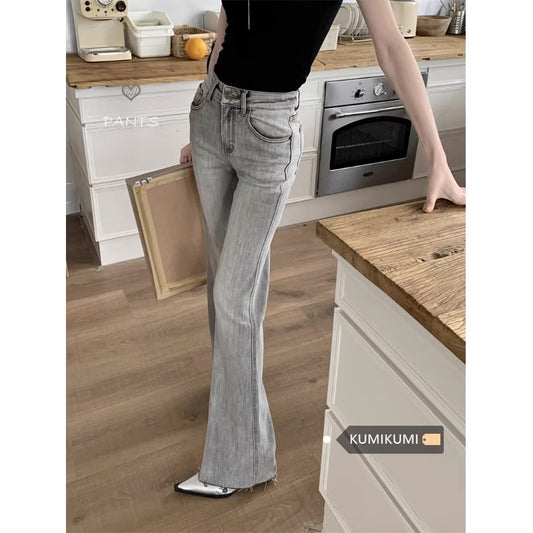 Kumikumi retro washed old micro-laden jeans women's summer high waist slim mopping pants all-match long pants