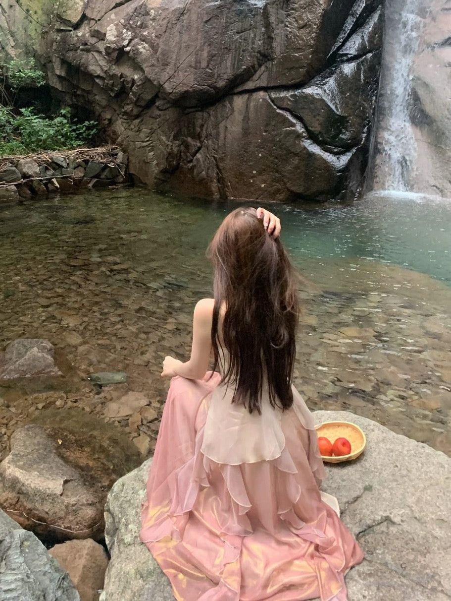 Lotus leaf edge temperament suspender dress pure desire super fairy heavy industry dress Thai-style minority holiday seaside beach summer