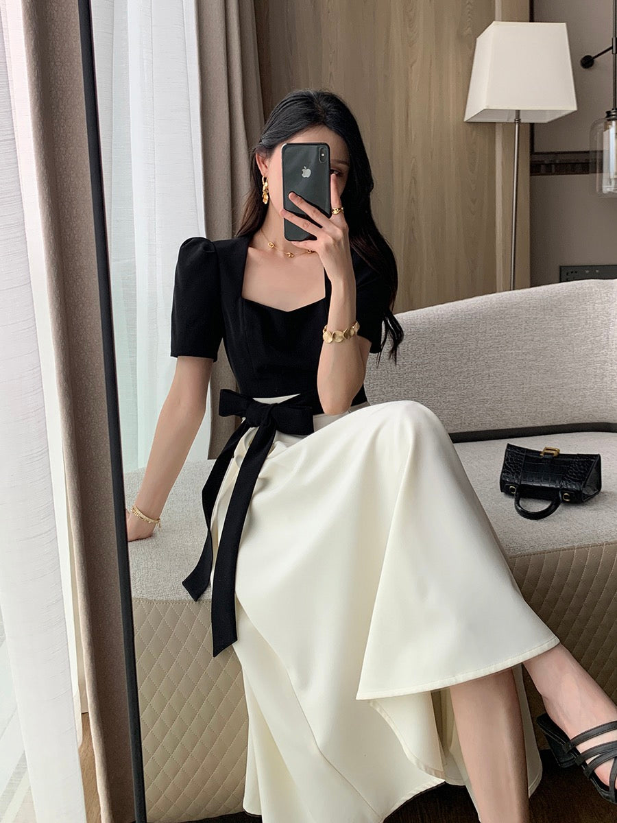 FT GUOGE square collar dress women's 2023 summer new high-end French slim temperament splicing fake two-piece long skirt