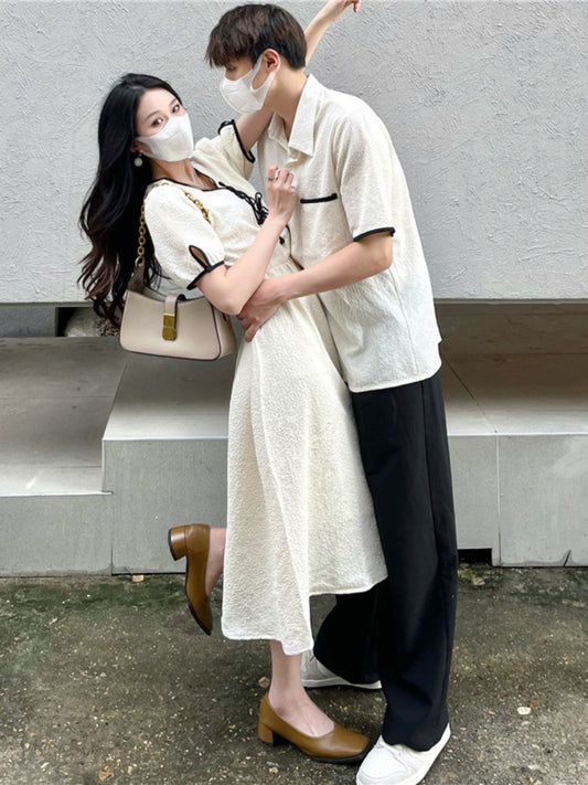Different couple outfits, summer clothes, new ins super hot short-sleeved shirts, v-neck temperament dresses, one skirt and one clothes tide
