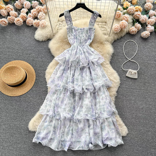 French high-end floral suspender dress female summer sweet desire atmosphere niche chic super fairy beautiful cake skirt