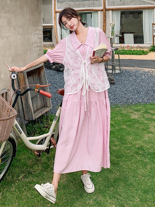 Pink polo collar dress suit women's summer 2023 new gentle wind organza vest long skirt two-piece set