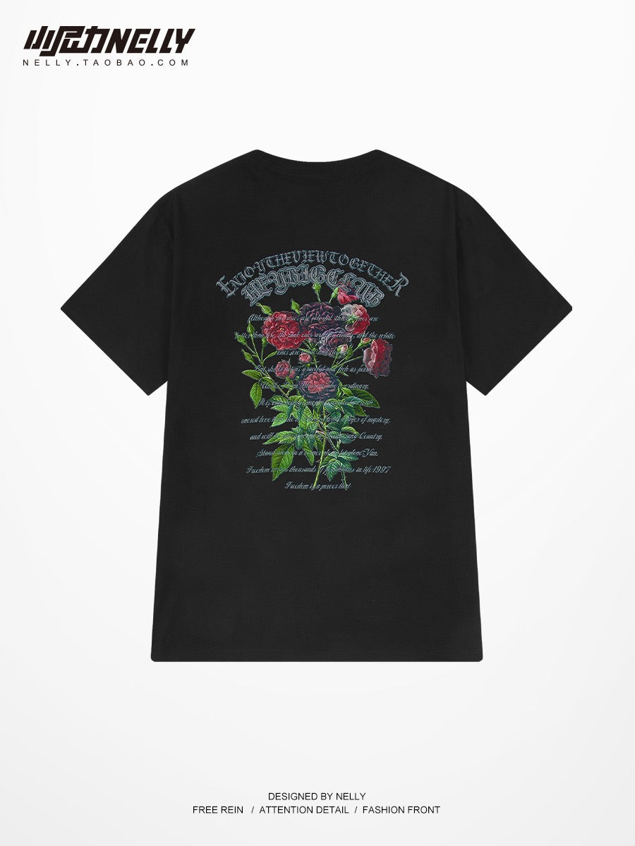 Dark rose print short-sleeved t-shirt male couple tide brand high street three-quarter sleeves summer American high-end clothes