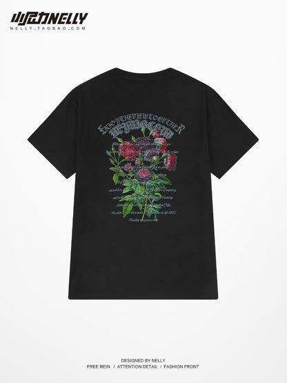 Dark rose print short-sleeved t-shirt male couple tide brand high street three-quarter sleeves summer American high-end clothes