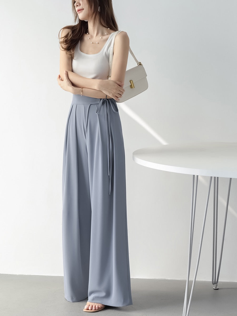 MZOMXO girdle design drapes smooth summer high waist loose straight pants thin ladies casual wide leg pants
