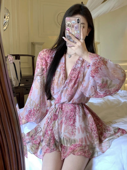 French floral v-neck long-sleeved chiffon dress women's summer high-quality tie-up skirt temperament pink skirt