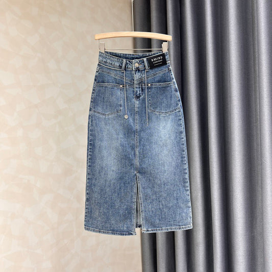 Front slit denim skirt women's summer new style washed white slimming retro high waist mid-length a-line bag hip skirt