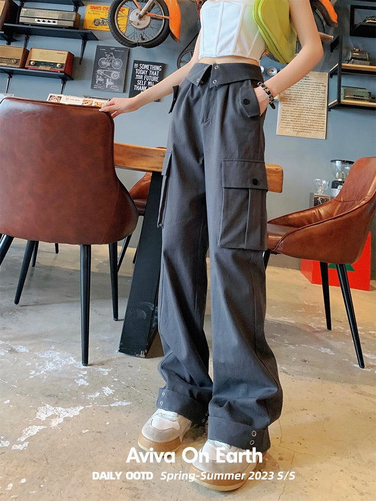 [Earth Shop] Dark Gray Folded Waist American Overalls Women's Summer Thin Section Loose Straight Casual Pants All-Match
