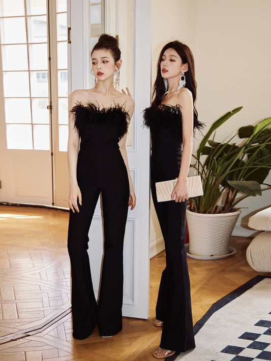 Black Swan 2.0 DOLLYTANG Duojia fluffy feather tube top jumpsuit showing leg length slightly booted trousers dress