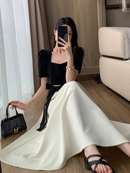 FT GUOGE square collar dress women's 2023 summer new high-end French slim temperament splicing fake two-piece long skirt