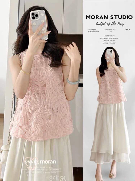 Salt light and cooked style two-piece suit summer high-end sense of small fragrance temperament goddess fan vest top top mesh skirt