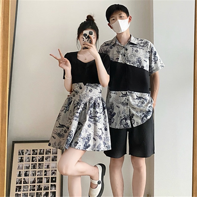 French lovers' summer dress niche design national style improved version fake two pieces floral dress women's short-sleeved shirt