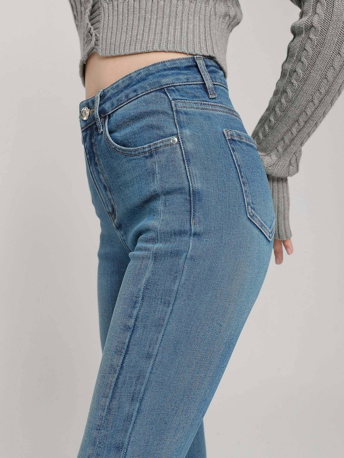 Wang Youshan slit jeans women's high waist nine-point flared pants spring and summer thin section eight-point small flared pants