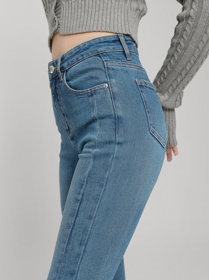 Wang Youshan slit jeans women's high waist nine-point flared pants spring and summer thin section eight-point small flared pants