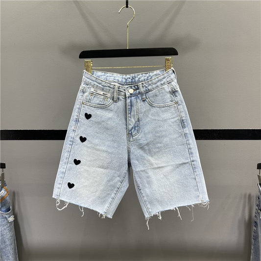 Light blue denim five-point pants women's 2023 summer new love embroidery high waist slimming straight-leg pants