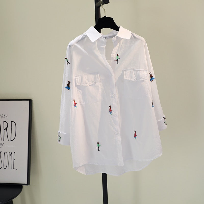 Embroidered cartoon cotton and linen white shirt women 2023 spring new Korean style literary loose casual shirt top tide