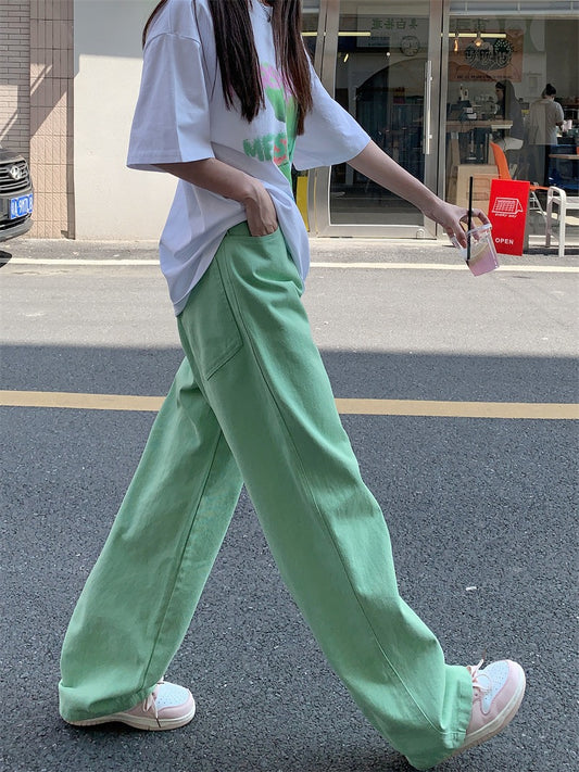 kumikumi solid color jeans straight-leg pants women's summer high waist thin wide-leg pants loose mopping pants long pants