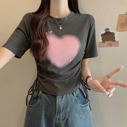 Large size 2023 summer new women's clothing fat mm fashion all-match cover meat side drawstring love print T-shirt top
