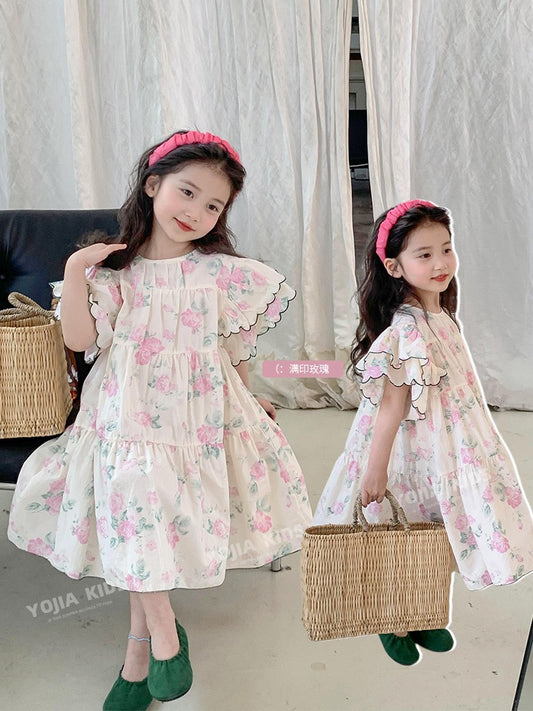 Girls summer dress 2023 new foreign style pure cotton girl birthday princess dress short-sleeved floral children's skirt