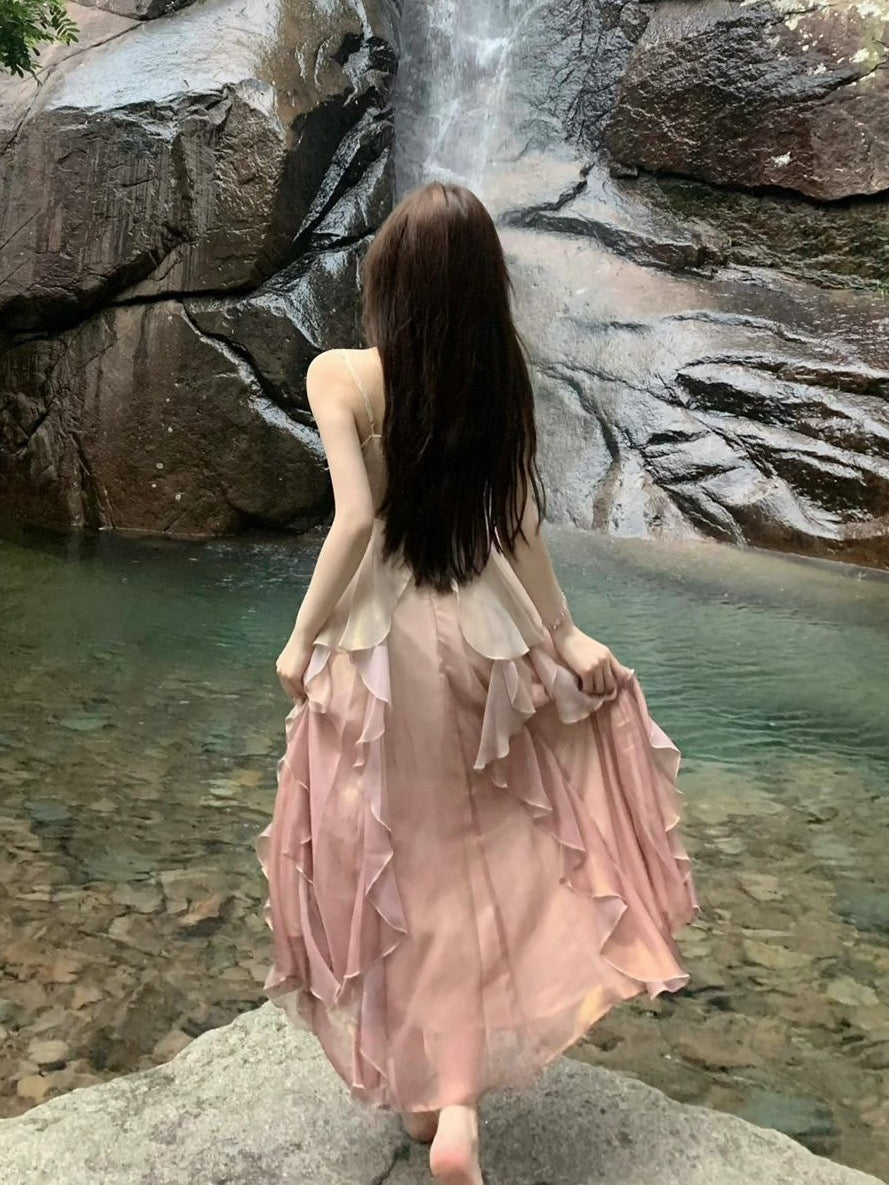 Lotus leaf edge temperament suspender dress pure desire super fairy heavy industry dress Thai-style minority holiday seaside beach summer