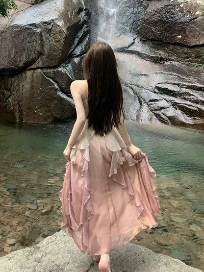 Lotus leaf edge temperament suspender dress pure desire super fairy heavy industry dress Thai-style minority holiday seaside beach summer