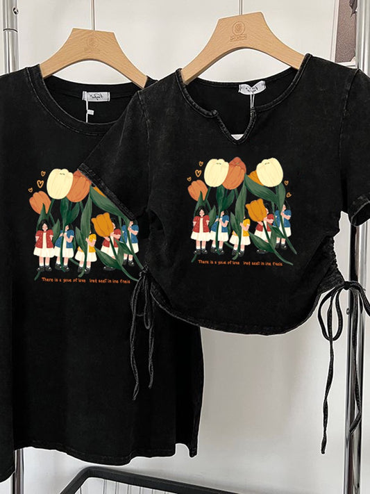 American retro wash water old short-sleeved t-shirt women's summer drawstring short super hot hot girl top design sense niche