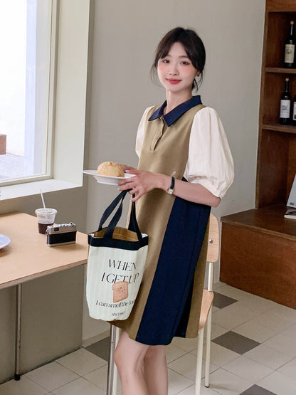 Stitching contrast color French dress female summer 2023 new design college style small casual polo skirt