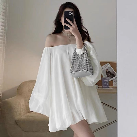 Korean chic spring French gentle one-word collar off-the-shoulder design loose casual lantern sleeves small dress
