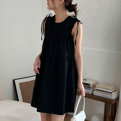 Korean chic niche retro round neck pleated bow tie small sleeveless vest dress female