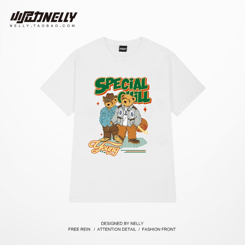 Ins summer cartoon oversize bear print short-sleeved T-shirt men's pure cotton bottoming shirt loose half-sleeved T-shirt