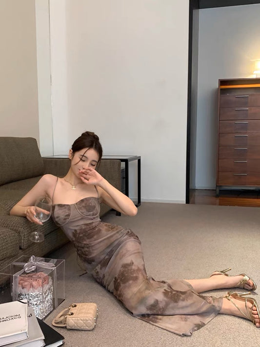 Sexy tie-dye suspender dress female summer babes back slit bag hip long skirt mother skirt bag hip mermaid skirt
