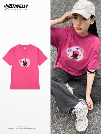 Retro 2023 summer new cotton short-sleeved t-shirt men and women tide brand casual half-sleeve trend T-shirt bottoming shirt