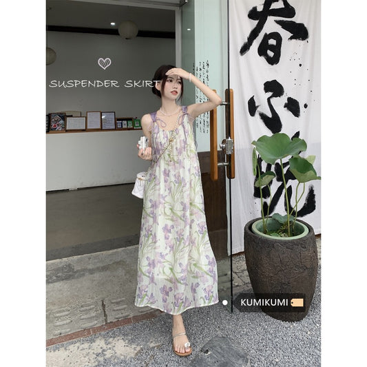 Kumikumi French retro floral suspender skirt women's summer strap design sense loose mid-length dress