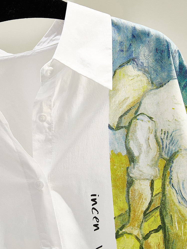 Printing and dyeing splicing white shirt female 2023 spring and summer new Korean fan art fan loose casual shirt thin coat cardigan