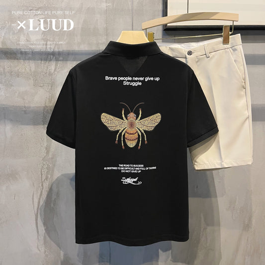 LUUD back big bee pattern printed polo shirt men's exquisite Korean style light luxury short-sleeved lapel polo shirt
