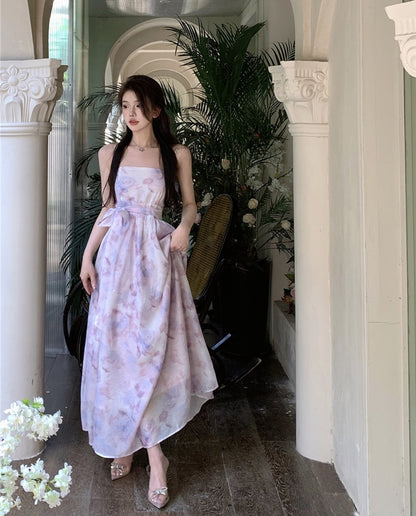 Printed tube top dress with open back and straps with one-shoulder waist and slim mid-length a-line skirt for women with summer temperament