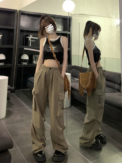 American retro drawstring tooling casual pants women's summer high street loose all-match straight wide-leg pants mopping trousers