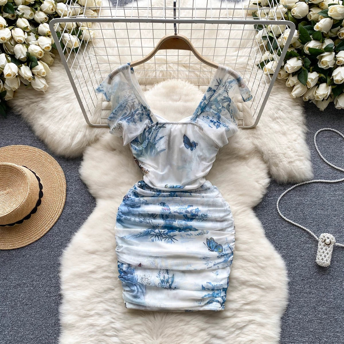 New Chinese retro sexy slim slim sleeveless suspender skirt floral design tight waist bag hip dress