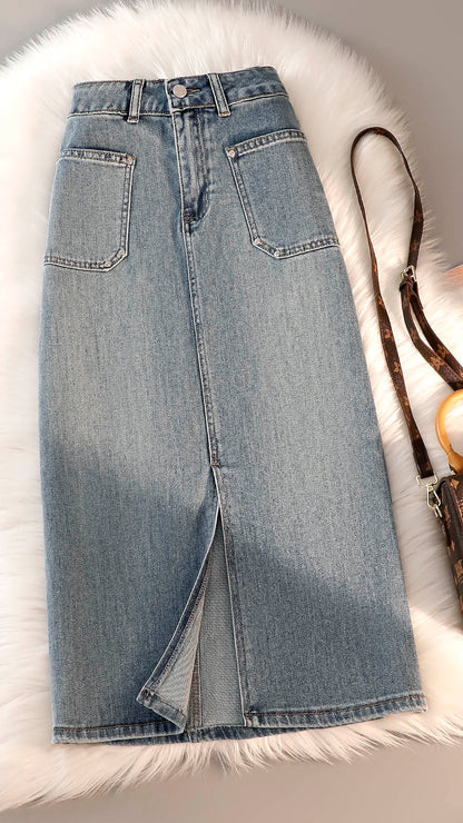 High waist denim skirt women's summer new over-the-knee mid-length pear-shaped wear design sense slit bag hip skirt