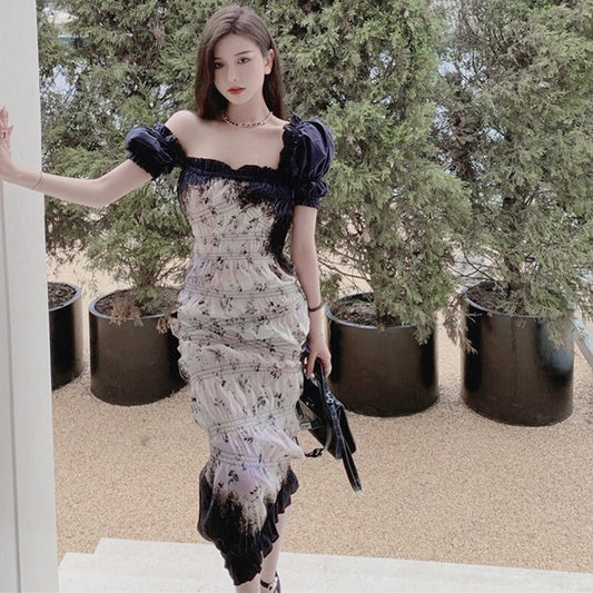 Otherworldly fireworks unique design dress women's high-end chic chic waist slimming temperament floral skirt