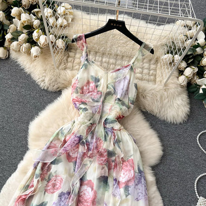 Chiffon suspender dress women's summer 2023 new high-end French floral skirt slim temperament holiday skirt