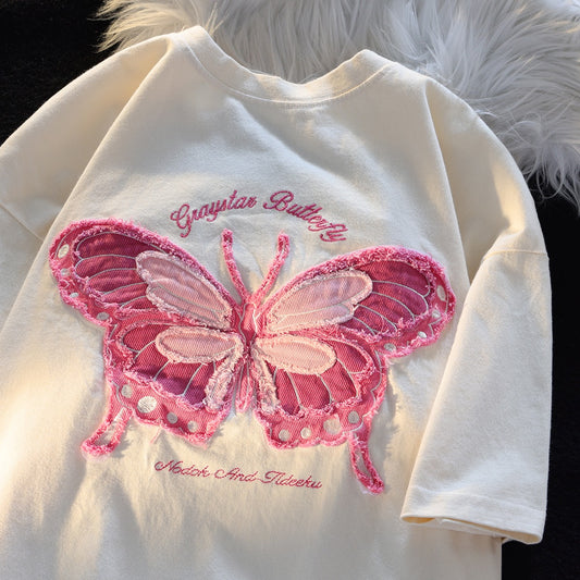 JWNEED milk butterfly couple oversize short-sleeved T-shirt men and women summer ins style sweet and versatile college style