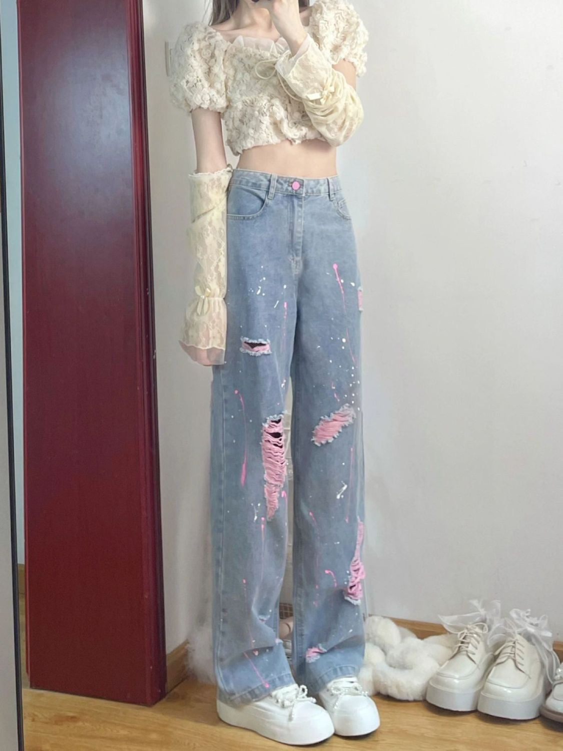 Ripped jeans women's summer 2023 new pants look thin and versatile high waist wide leg pants loose drape trousers