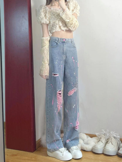 Ripped jeans women's summer 2023 new pants look thin and versatile high waist wide leg pants loose drape trousers