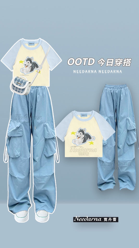 American hot girl wears overalls pants suit female dopamine small short-sleeved top hot girl two-piece summer dress